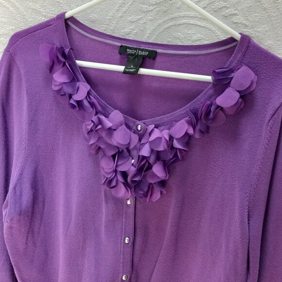 White House Black Market Purple Flower Applique Design 60s look Sweater T-384 LG - Picture 4 of 12